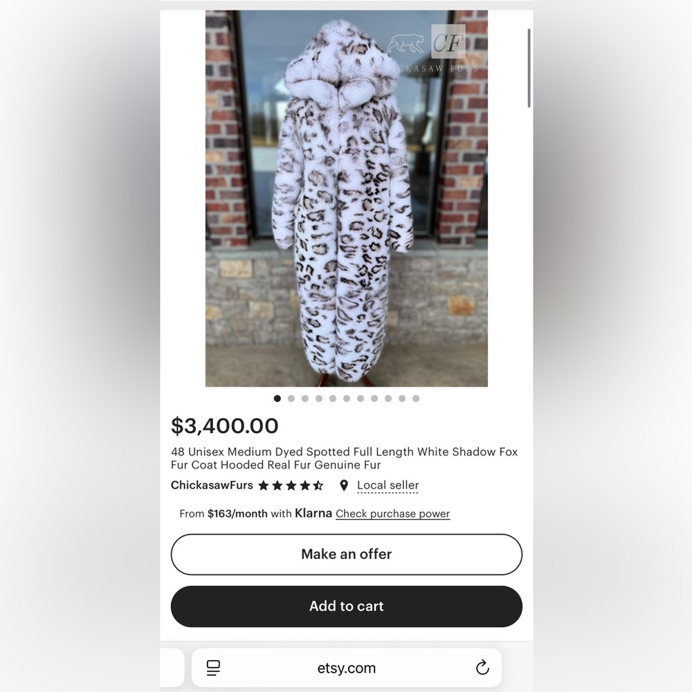 48 Unisex Floor Length Snow Leopard Dyed Fox Fur Coat Real FOX Fur - Picture 14 of 14